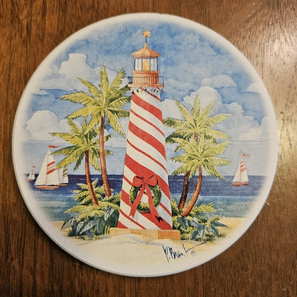 Beach Christmas Coaster Set Of 4 With Holder Candy Cane‎ Lighthouse Flamingos